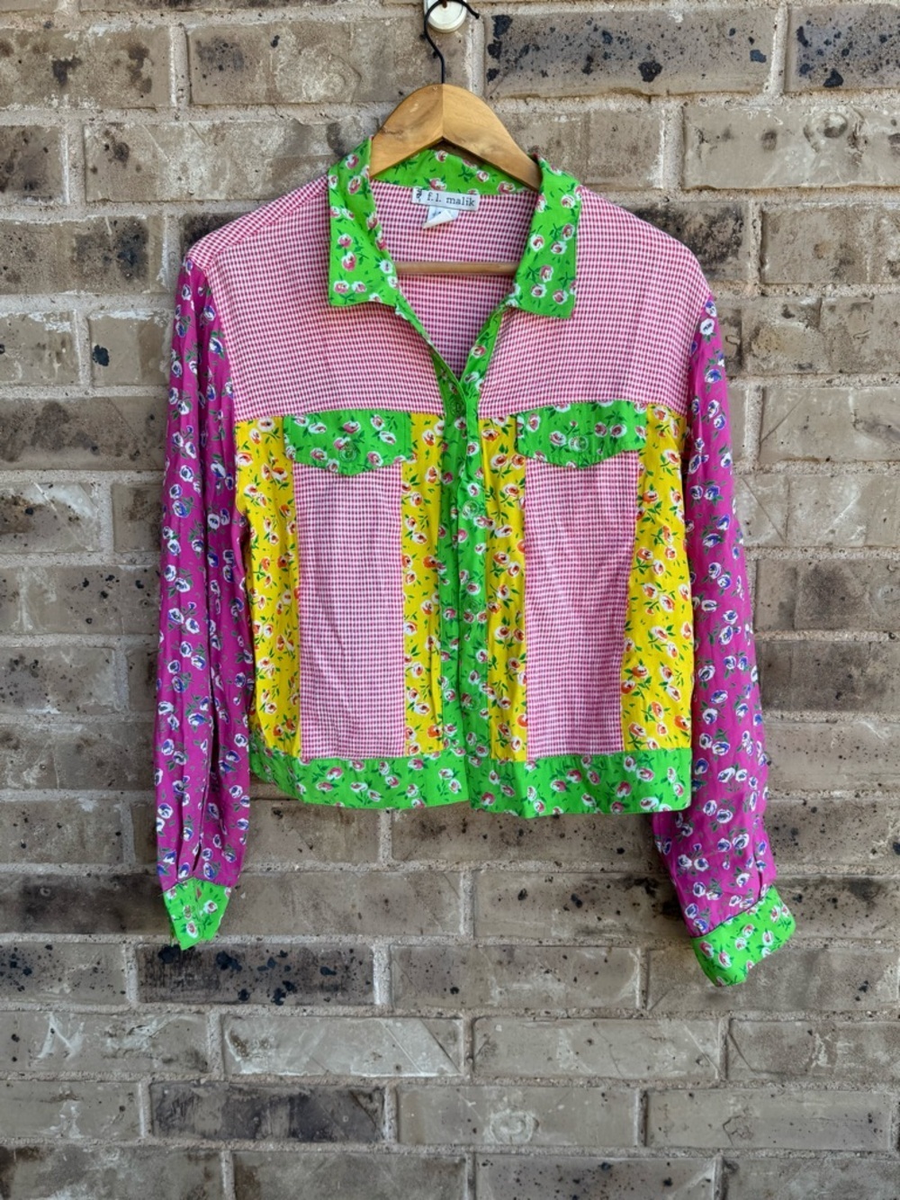 F. L. Malik Colorblock Patchwork Button-Up Shirt - Pink, Green, Yellow, Purple M